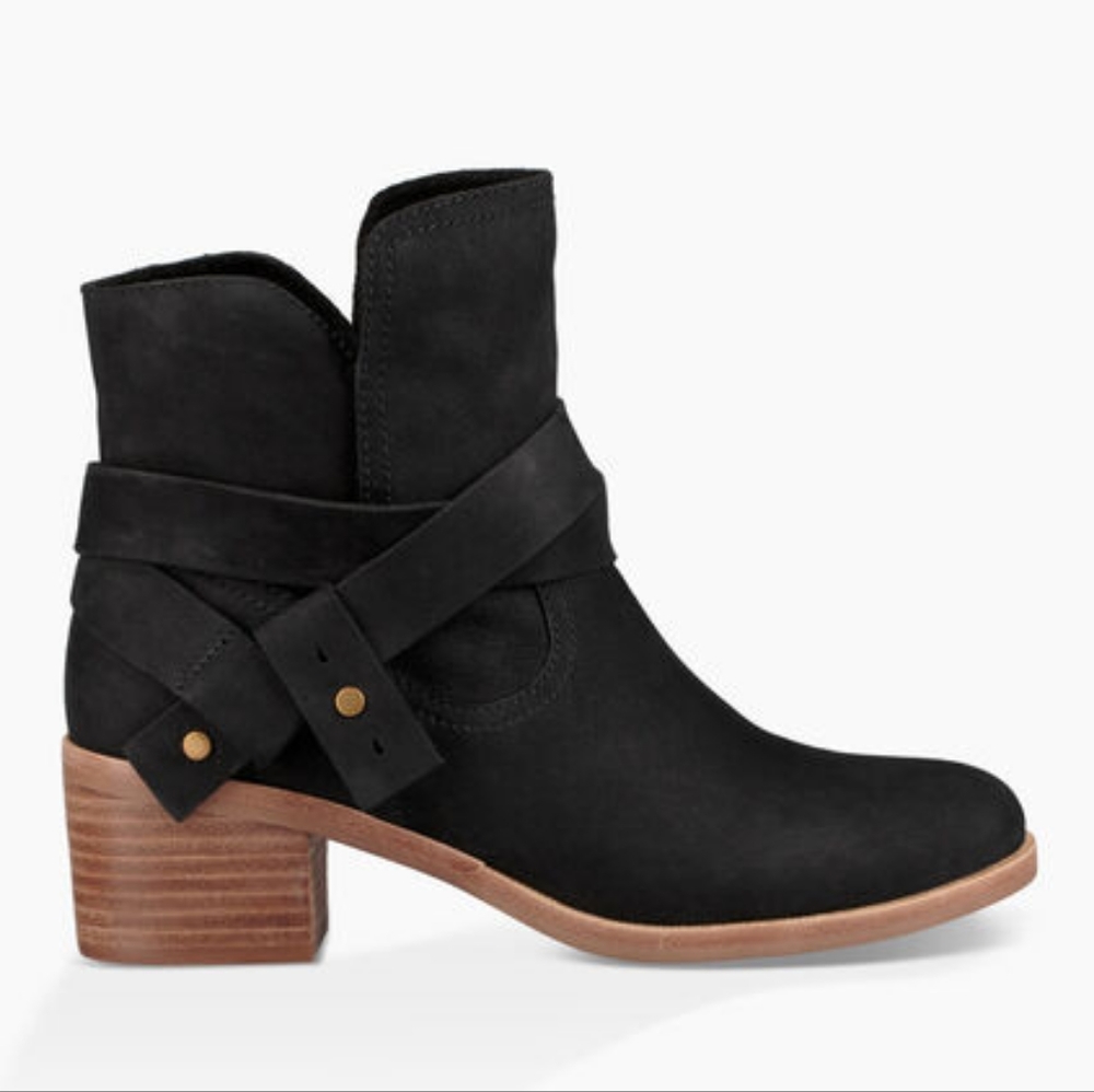 Ugg Elora Suede Black Ankle Booties Boots Block Heel Boho Chic Buckle